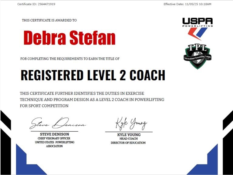 Debra Stefan USPA Level 2 Powerlifting Coach certificate