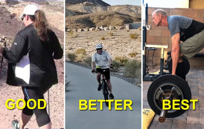 Strength training for seniors: Good Better Best exercise comparison showing walking, outdoor biking, and deadlifting after 70.